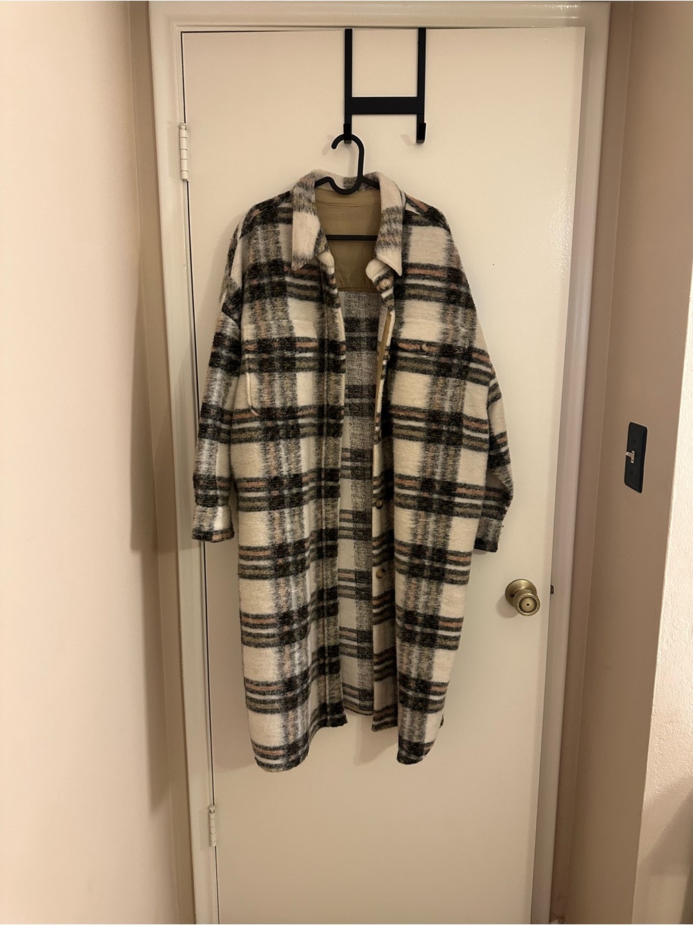 Plaid Button-Front Long Coat